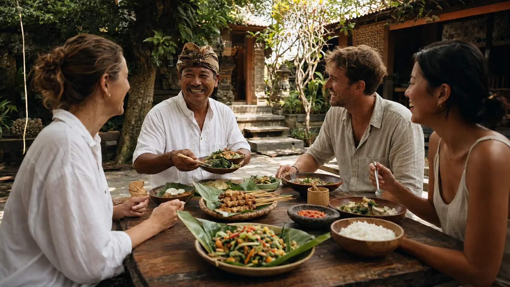 Five Balinese dishes arranged for a shared meal