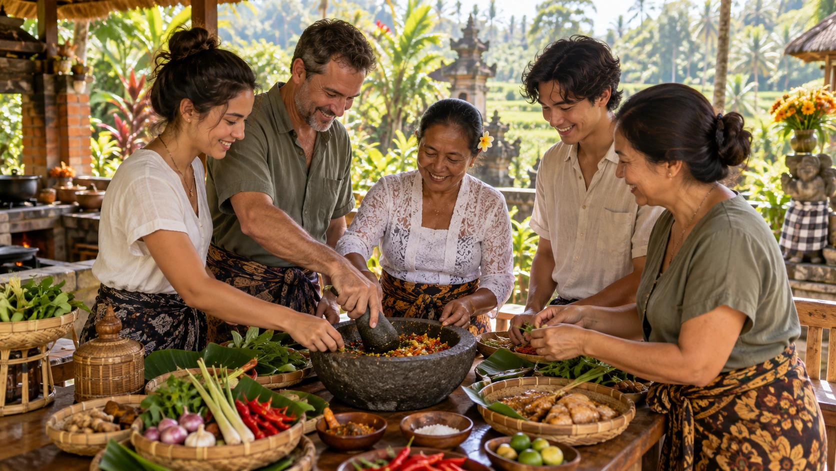 عائلة تحضر مكونات بالية في دورة طبخ خاصة قرب أوبود مع Ketut Paon Bali