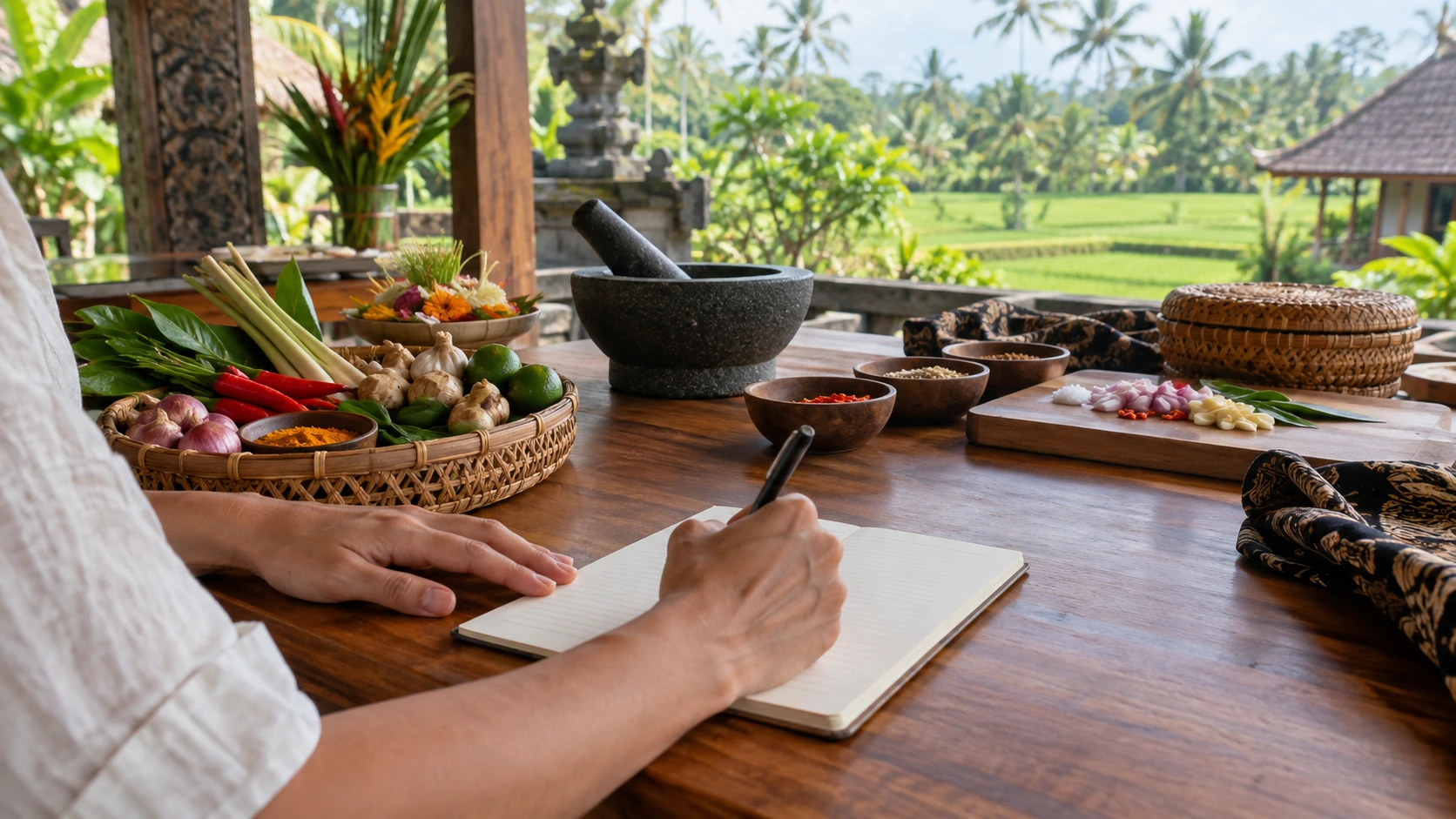 Solo traveller preparing Balinese ingredients during a private cooking class near Ubud with Ketut Paon Bali