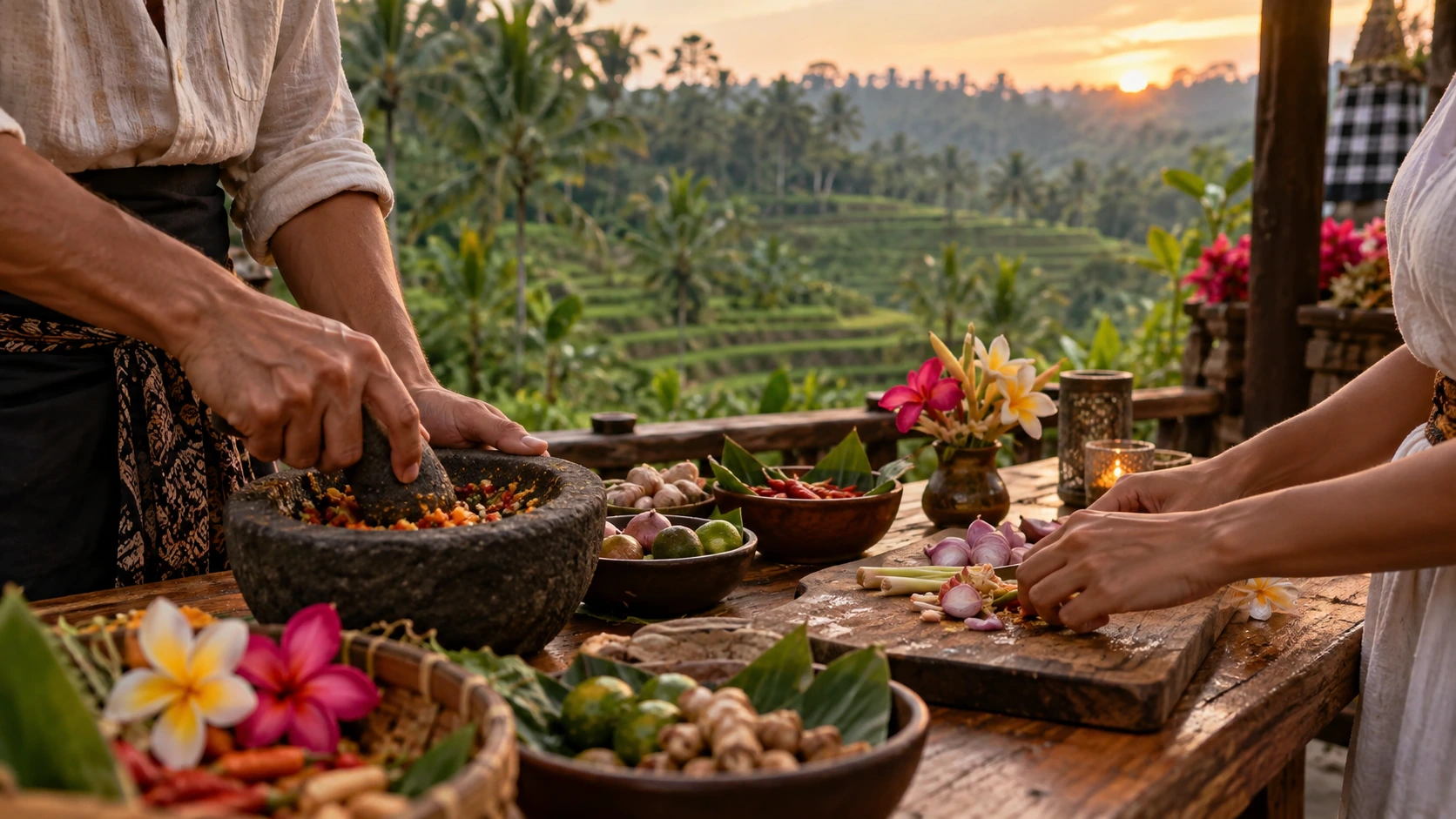 Couple preparing Balinese ingredients during a honeymoon cooking experience near Ubud with Ketut Paon Bali