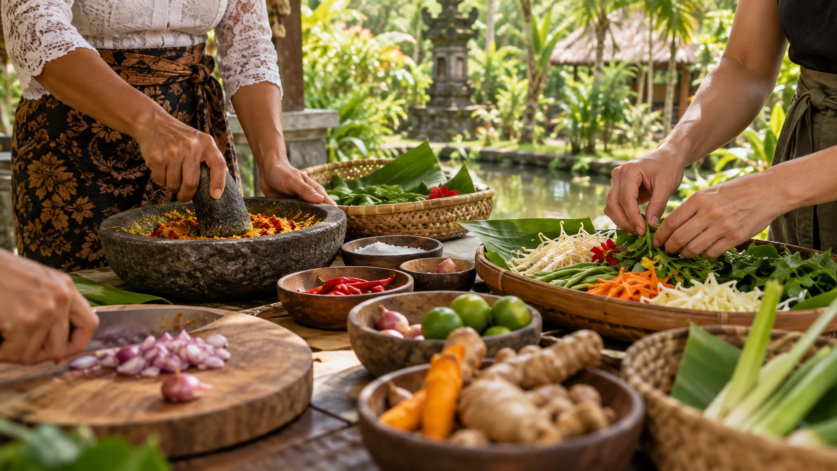Grupo pequeño prepara una comida balinesa durante una clase privada cerca de Ubud