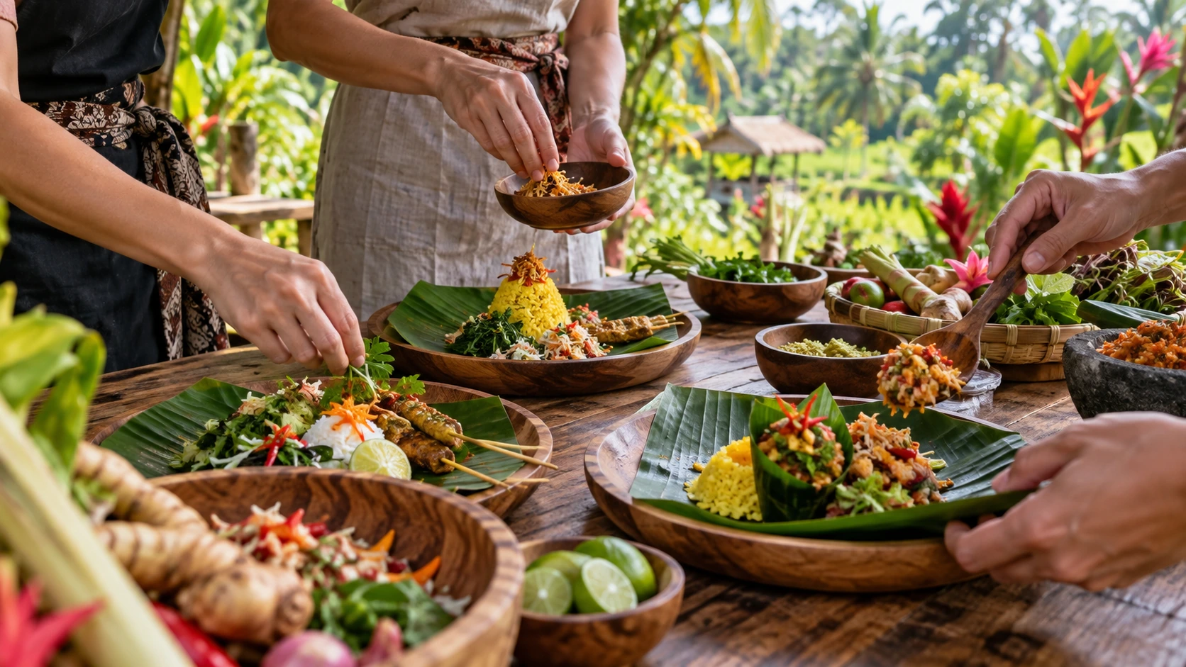 Invitados preparan juntos el almuerzo durante una clase de cocina balinesa cerca de Ubud