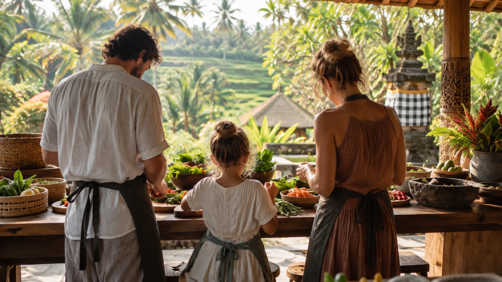 Famille préparant des ingrédients balinais pendant un cours de cuisine près d’Ubud avec Ketut Paon Bali