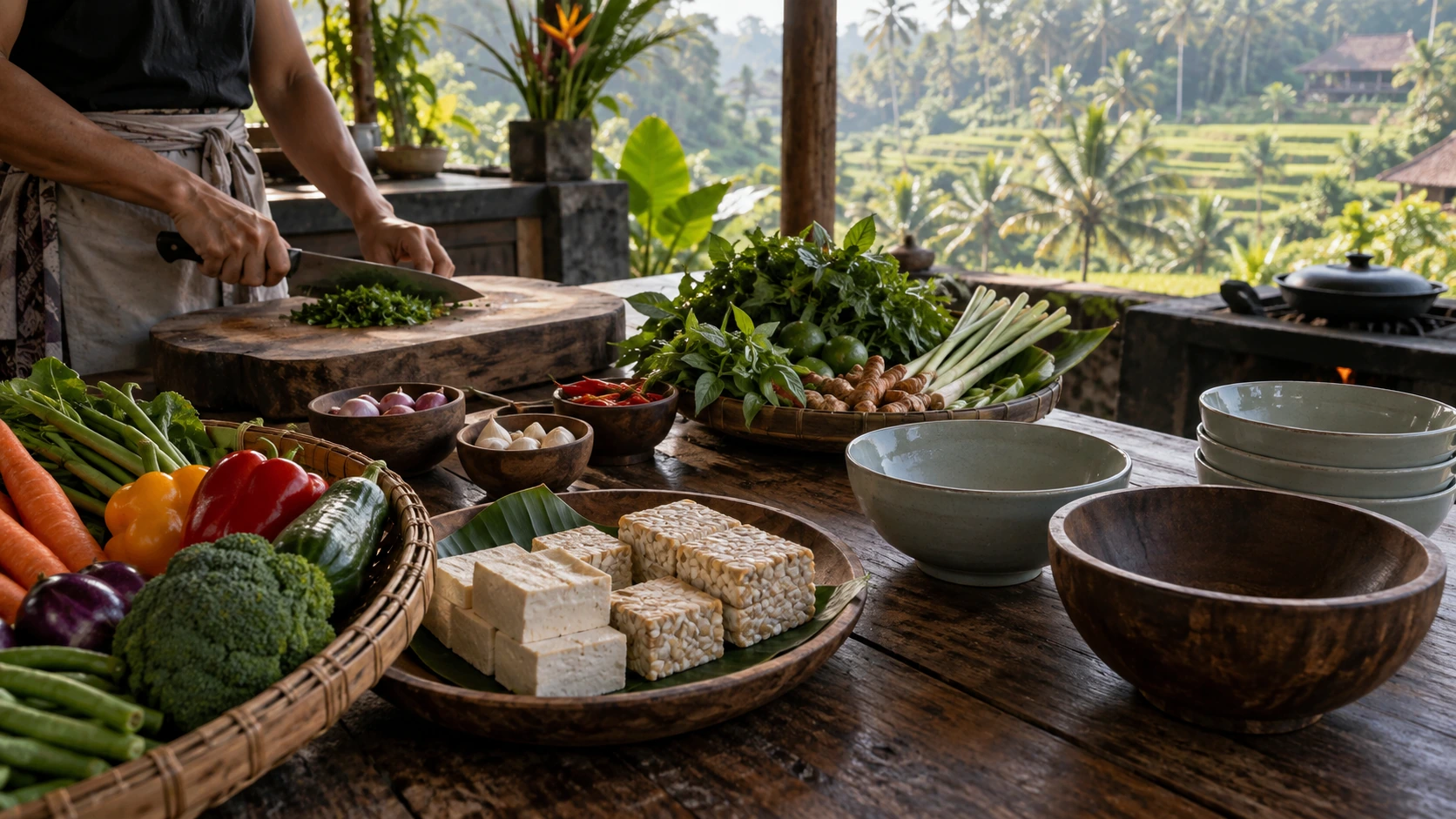 Ingrédients végétariens préparés pendant un cours de cuisine près d’Ubud avec Ketut Paon Bali