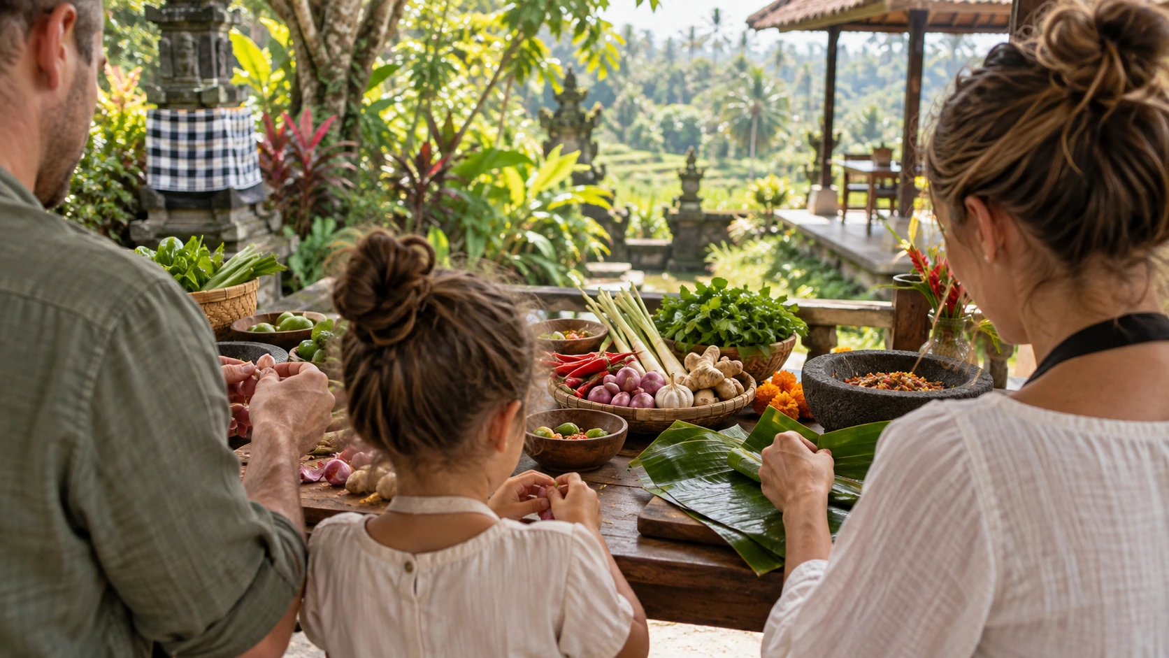 Keluarga menyiapkan bahan Bali selama kelas memasak privat dekat Ubud bersama Ketut Paon Bali