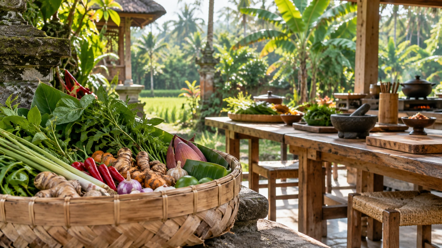 Bahan dan rempah Bali di pasar sebelum kelas memasak di Ubud bersama Ketut Paon Bali