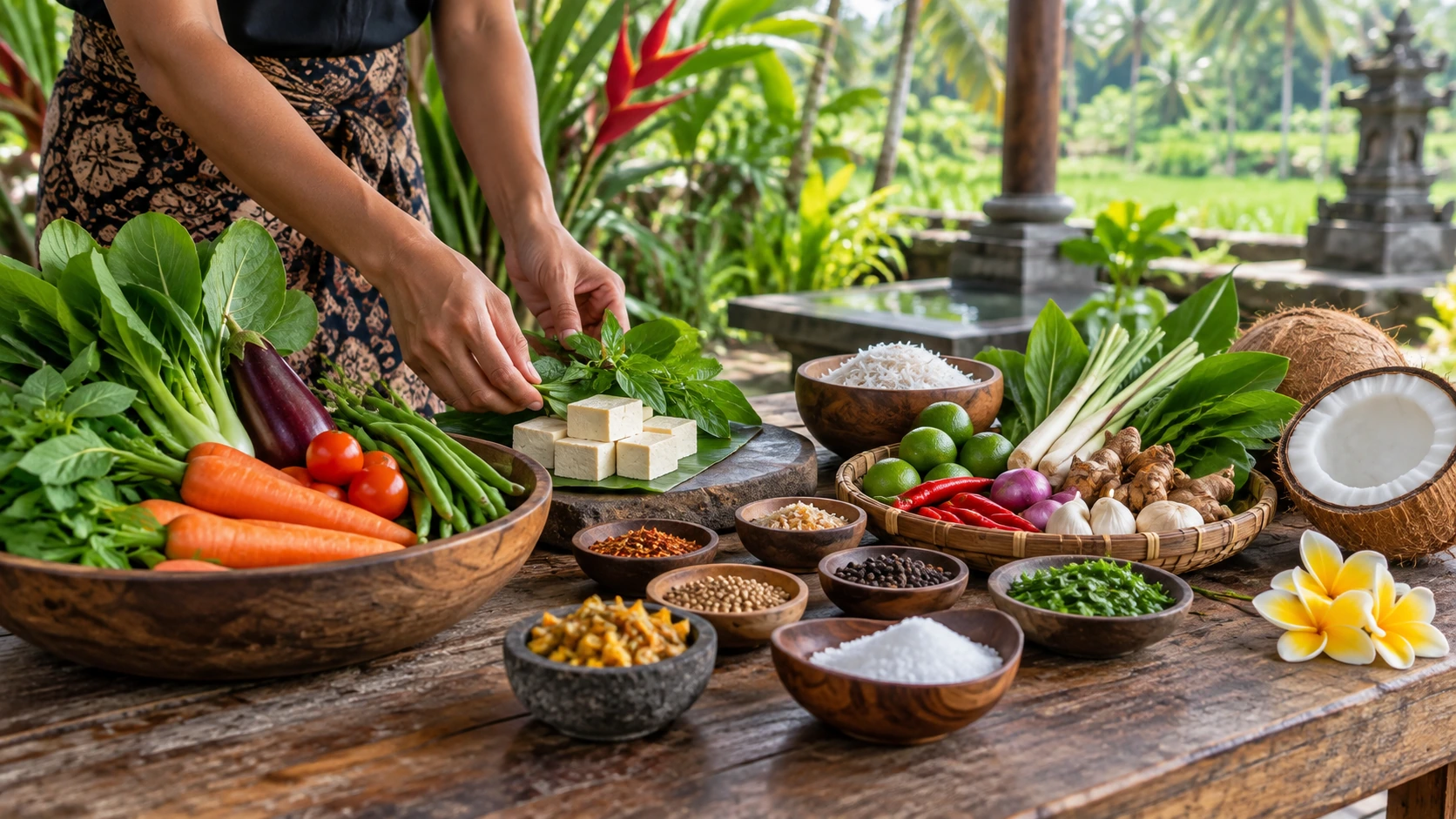 Bahan vegan dan rempah segar untuk kelas memasak di Ubud bersama Ketut Paon Bali