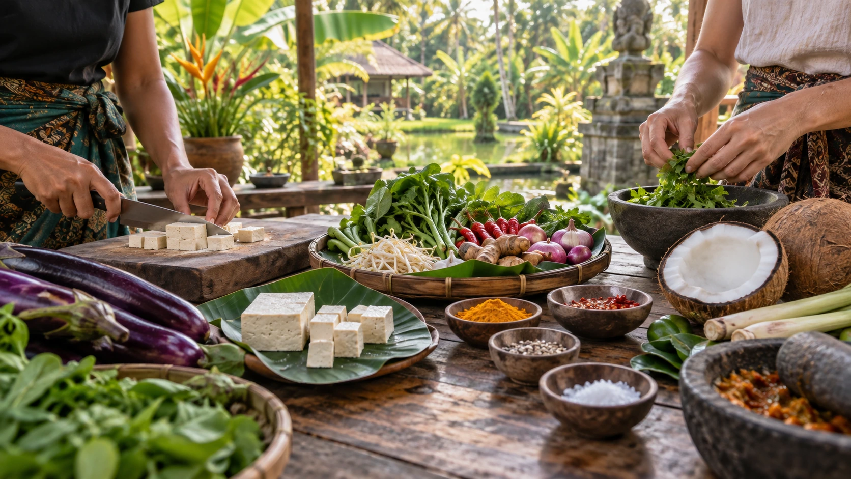 Ospiti preparano ingredienti vegani durante un corso di cucina vicino a Ubud con Ketut Paon Bali