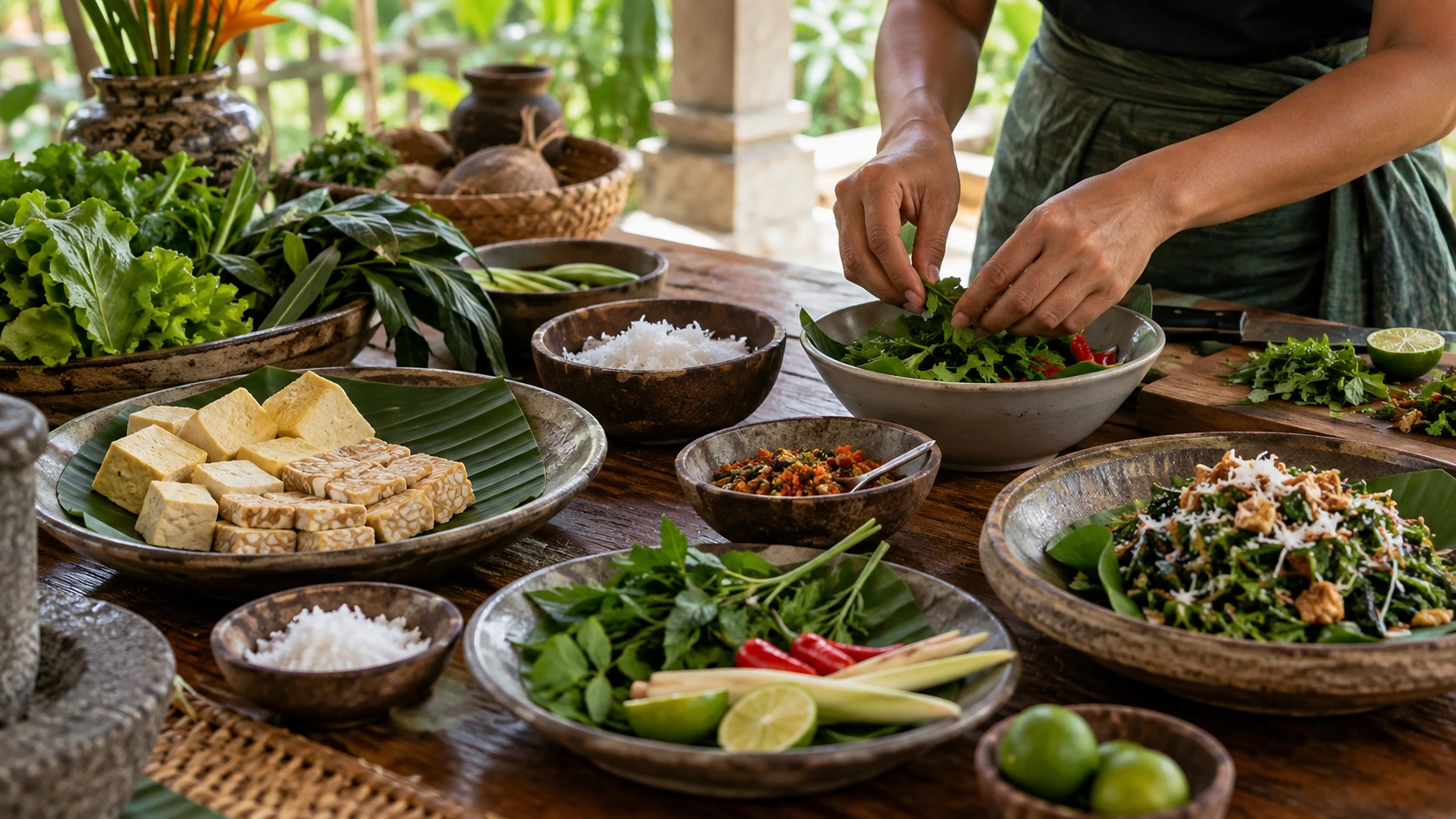 ウブド近郊のKetut Paon Bali料理教室でベジタリアン食材を準備するゲスト
