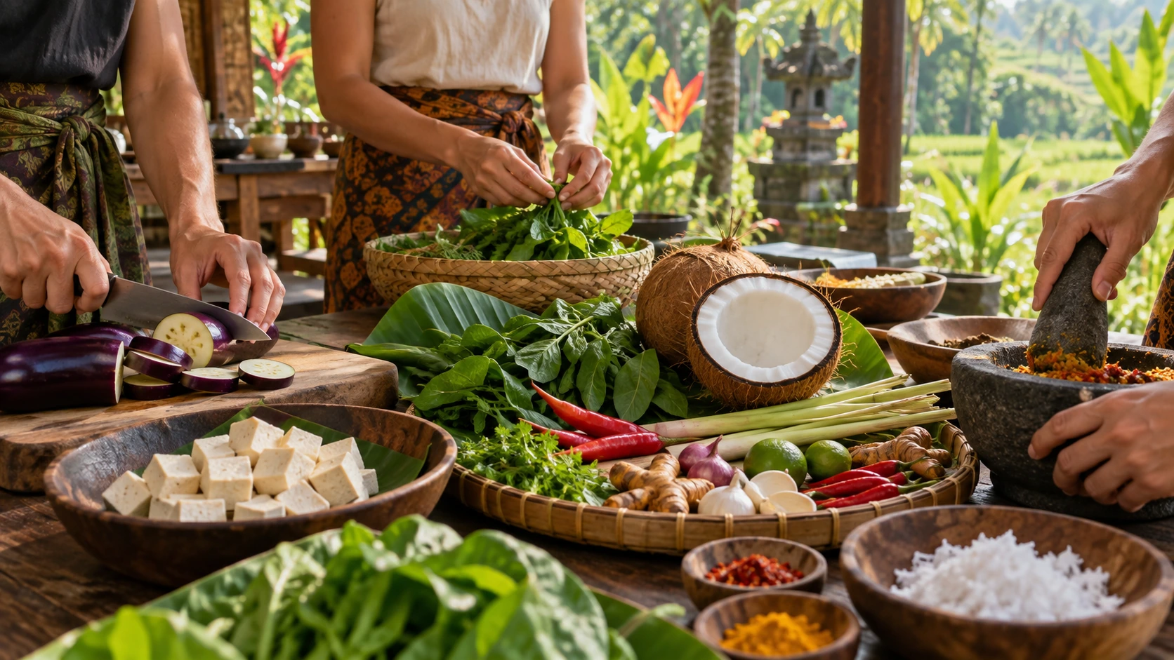 우붓 근처 Ketut Paon Bali 쿠킹 클래스에서 비건 식재료를 준비하는 게스트들
