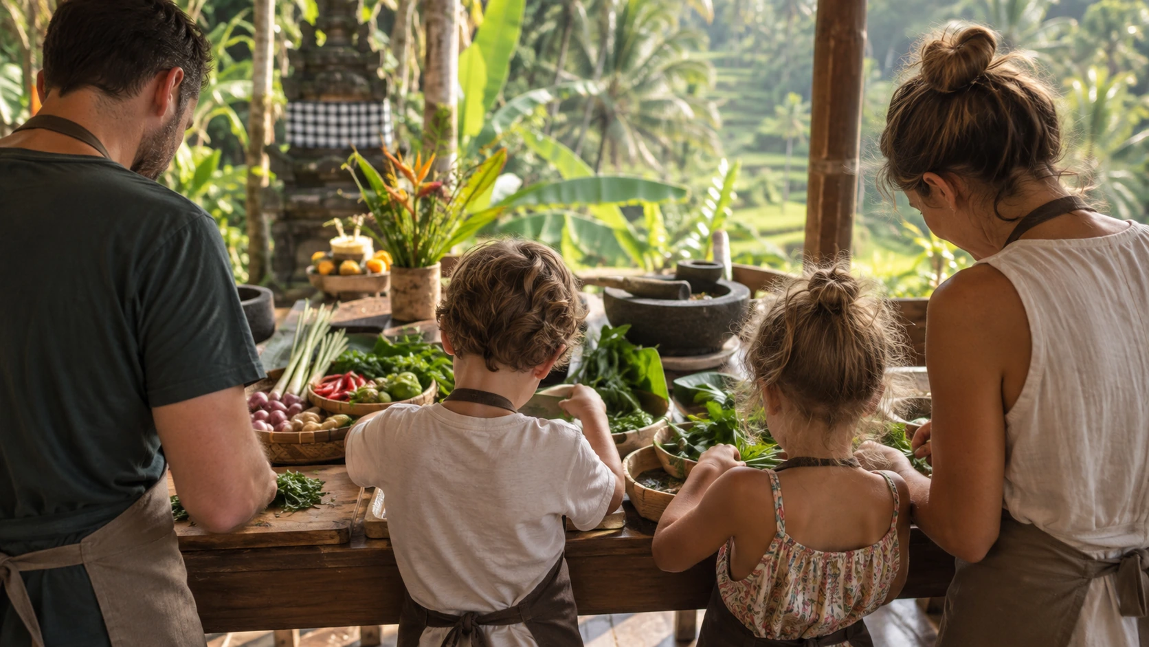 Keluarga menyediakan bahan masakan Bali dalam kelas memasak di Ubud bersama Ketut Paon Bali