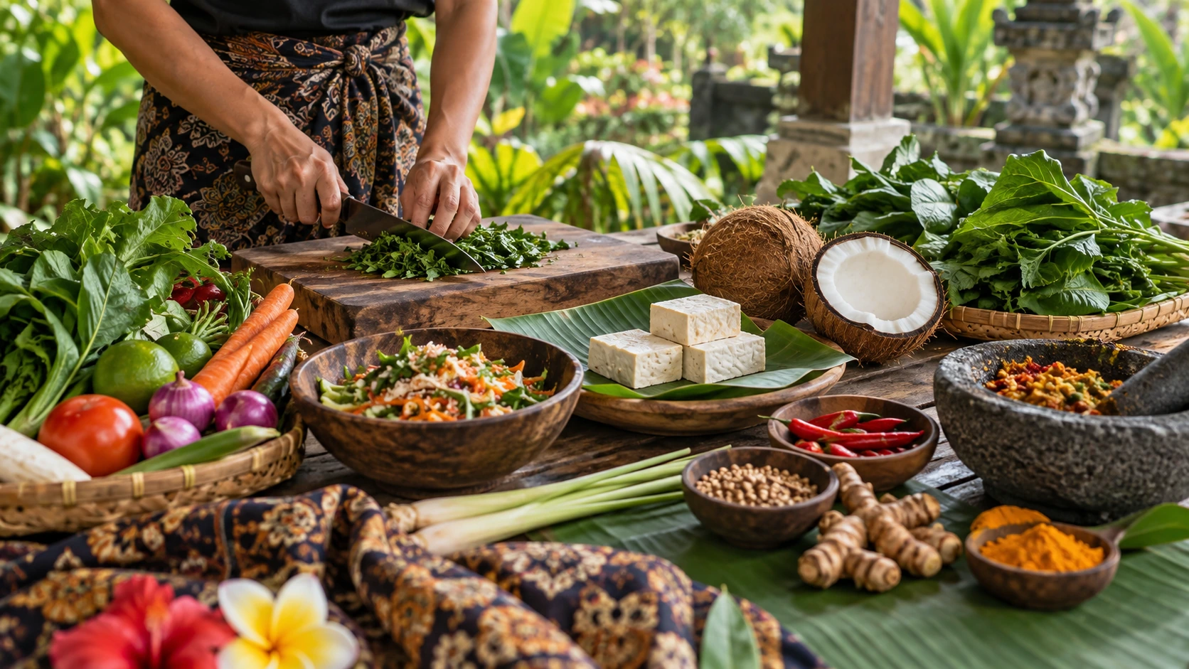 Goście przygotowują wegańskie składniki podczas lekcji gotowania w Ubud z Ketut Paon Bali