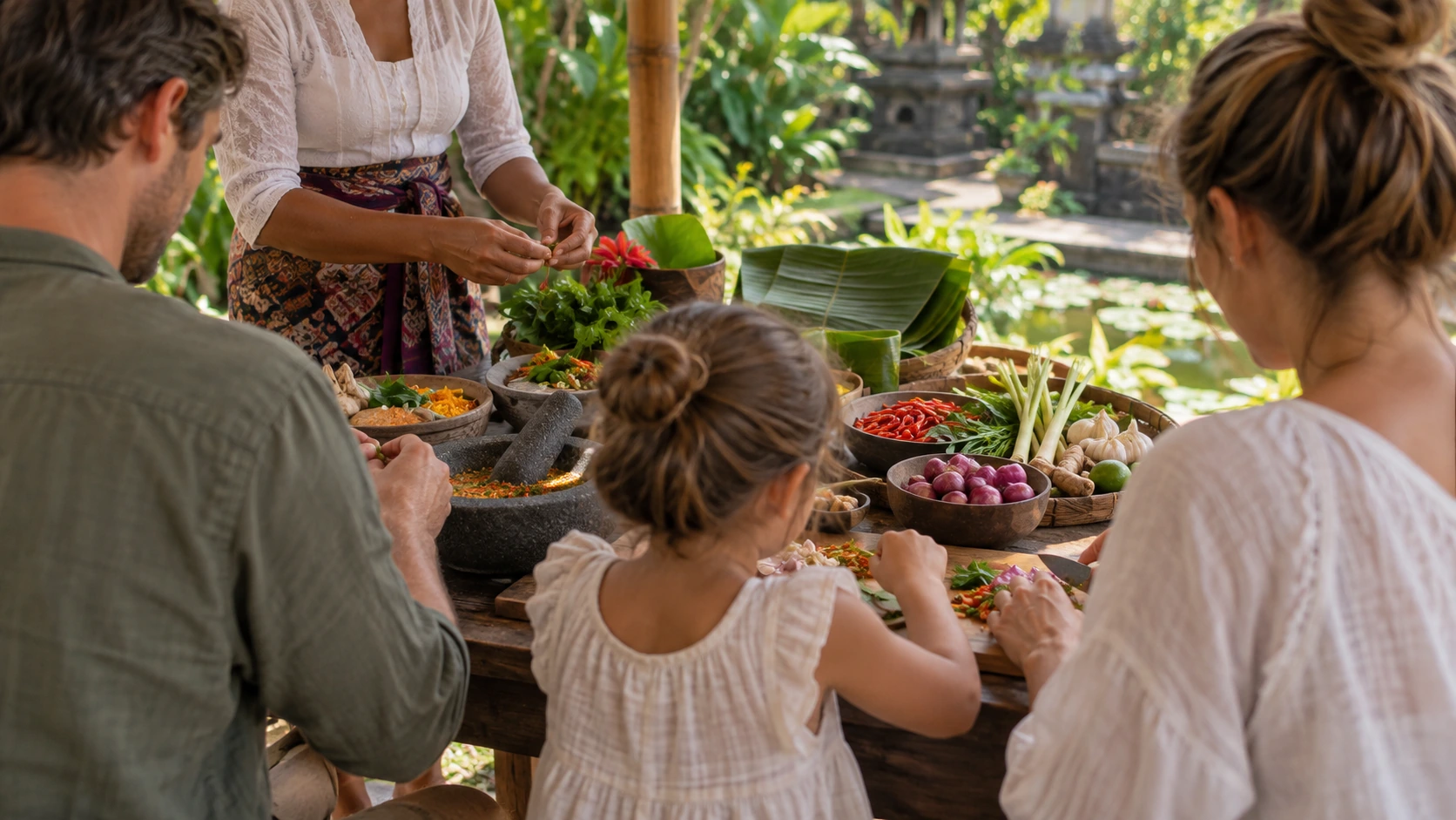 Família prepara ingredientes balineses durante uma aula privada perto de Ubud com Ketut Paon Bali