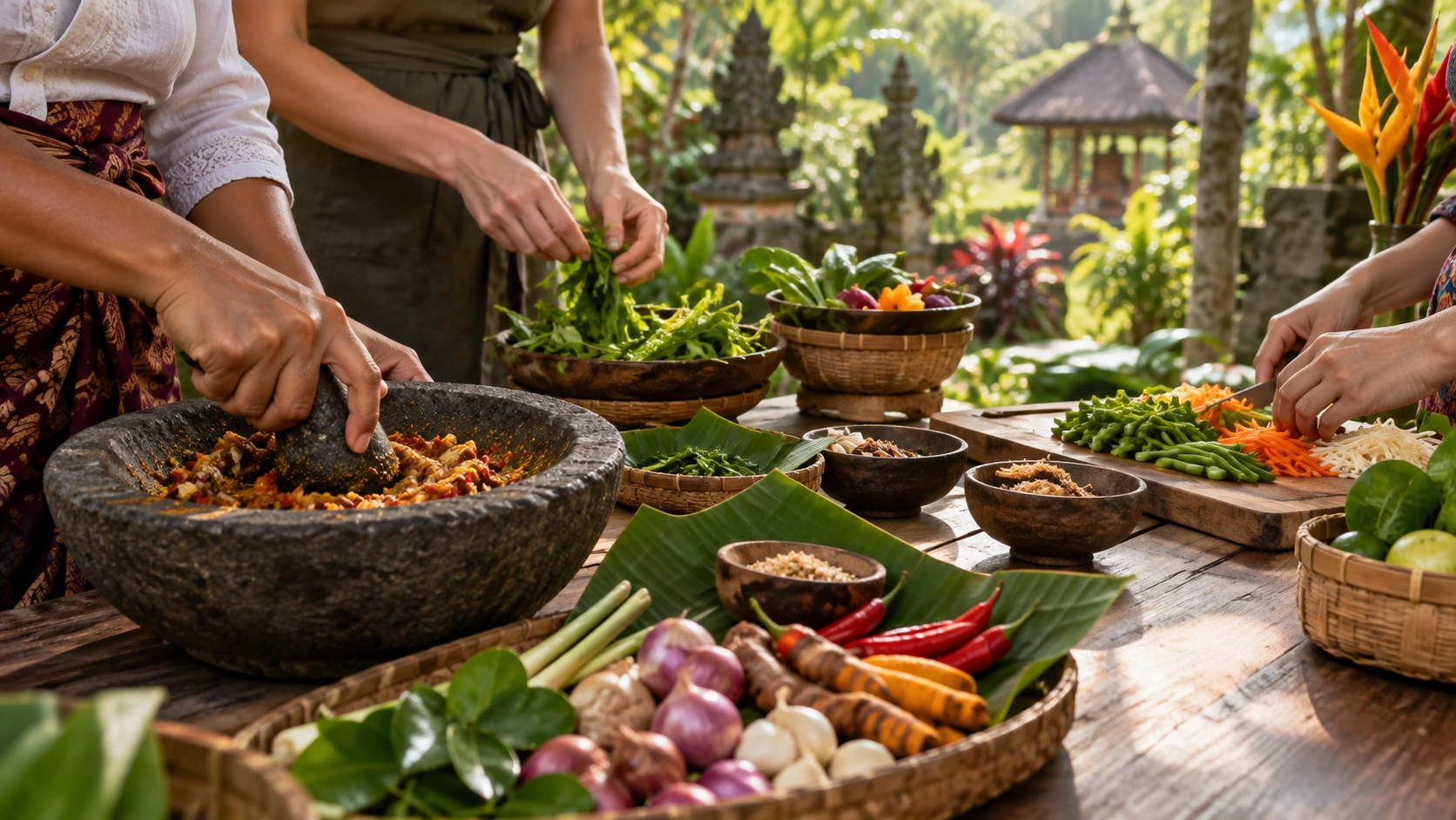 Pequeno grupo prepara uma refeição balinesa durante uma aula privada perto de Ubud