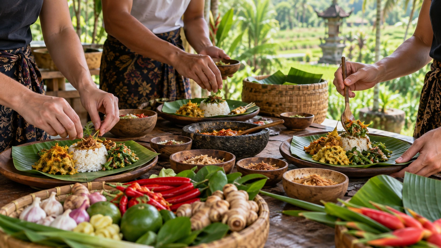 Convidados preparam juntos o almoço durante uma aula de culinária balinesa perto de Ubud