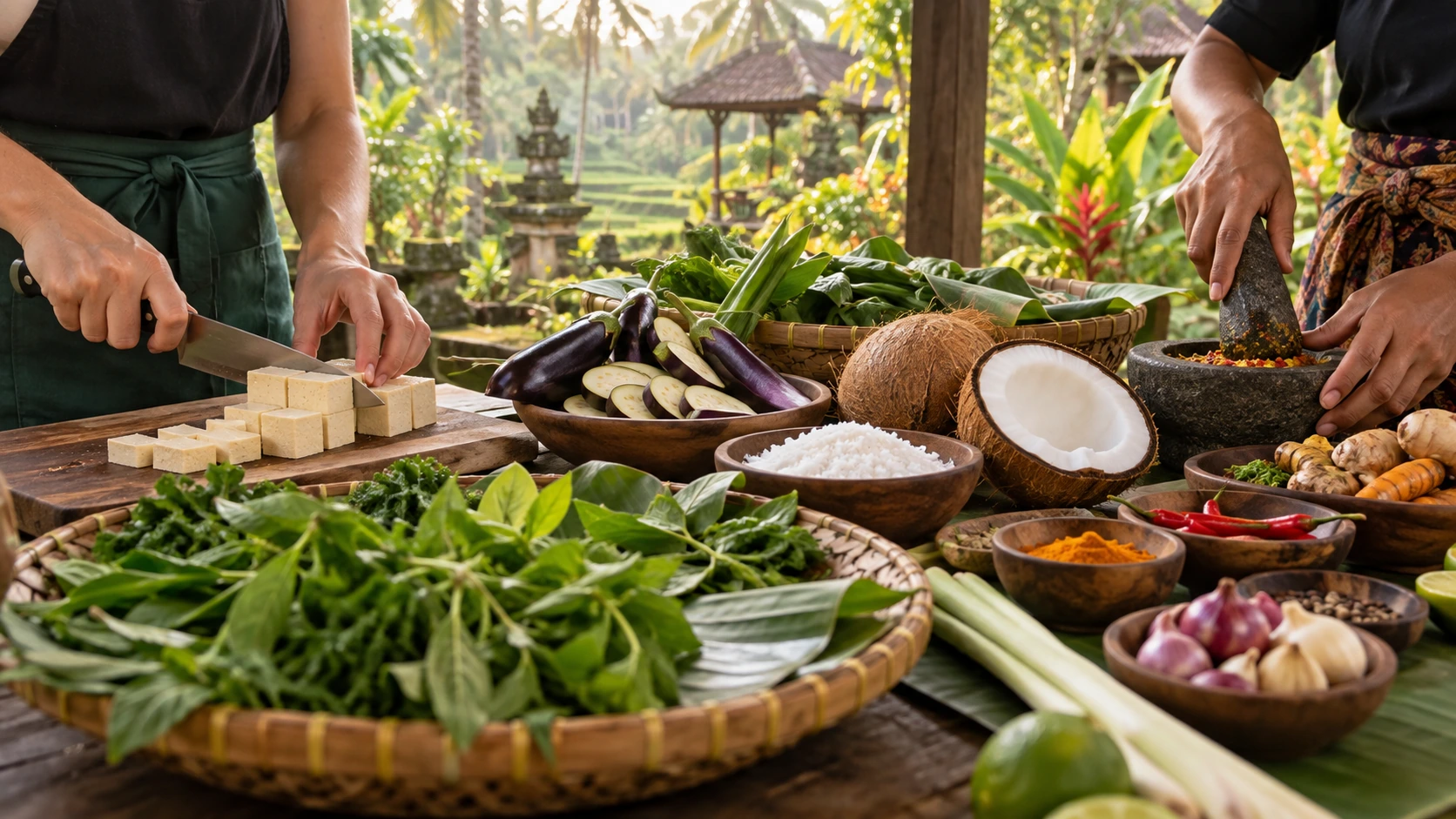 Convidados preparam ingredientes vegan durante uma aula de culinária perto de Ubud com Ketut Paon Bali