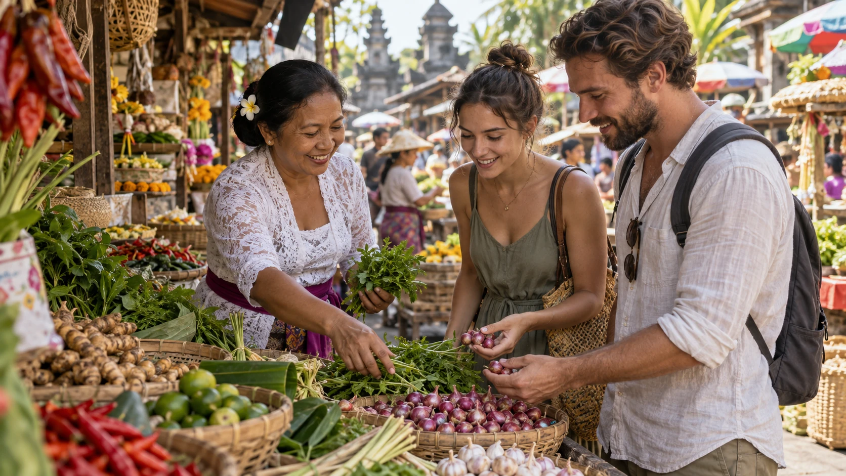Ubud yakınında pazar öncesi Balili otları seçen misafirler
