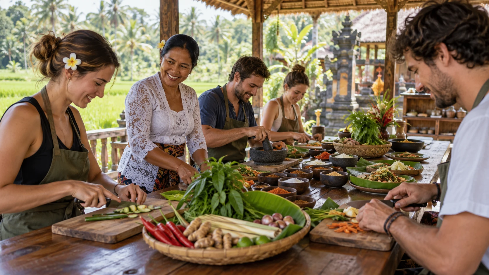 Ubud yakınında özel yemek kursunda Balili yemek hazırlayan küçük grup