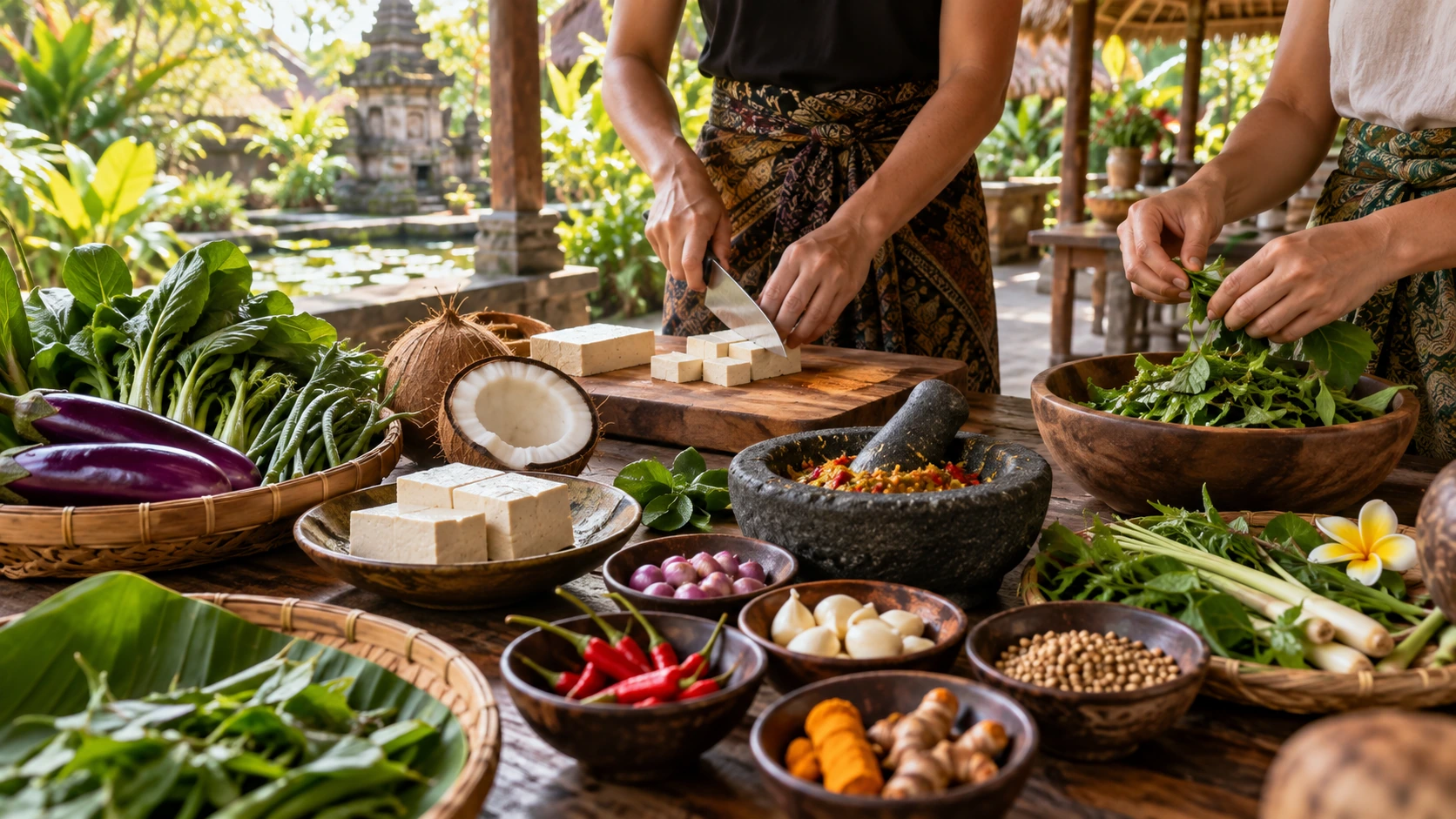 客人在烏布附近 Ketut Paon Bali 料理課中準備純素食材